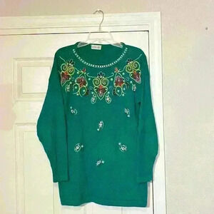 Victoria Jones Green Jeweled Crewel Pullover Sweater Christmas Vintage 80s